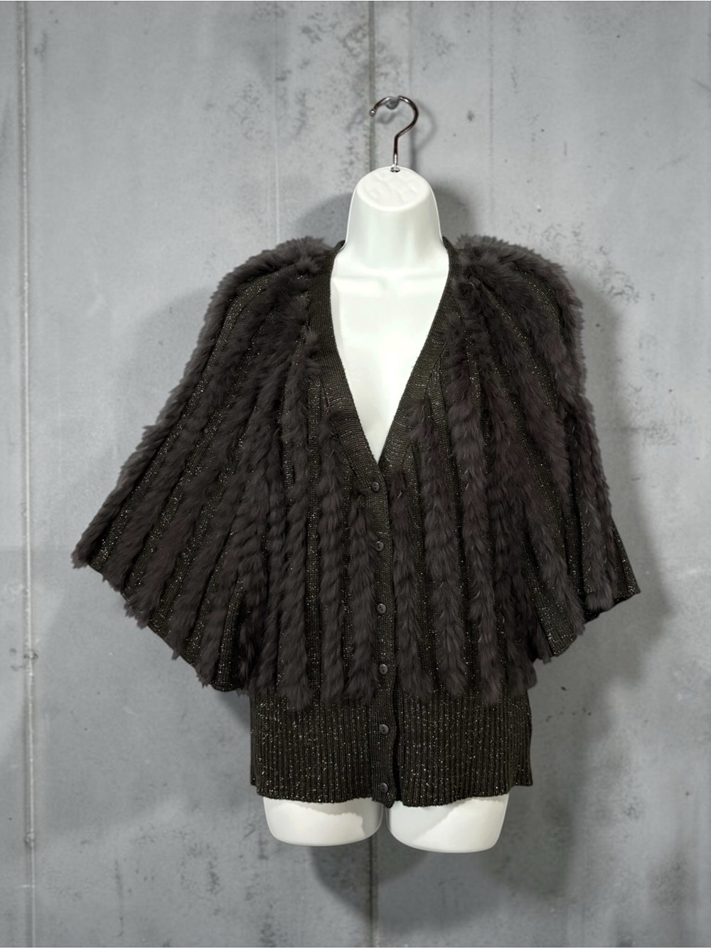 Soyaconcept, Rabbit Fur Metallic Cape Cardigan, Charcoal Silver, Medium / Large